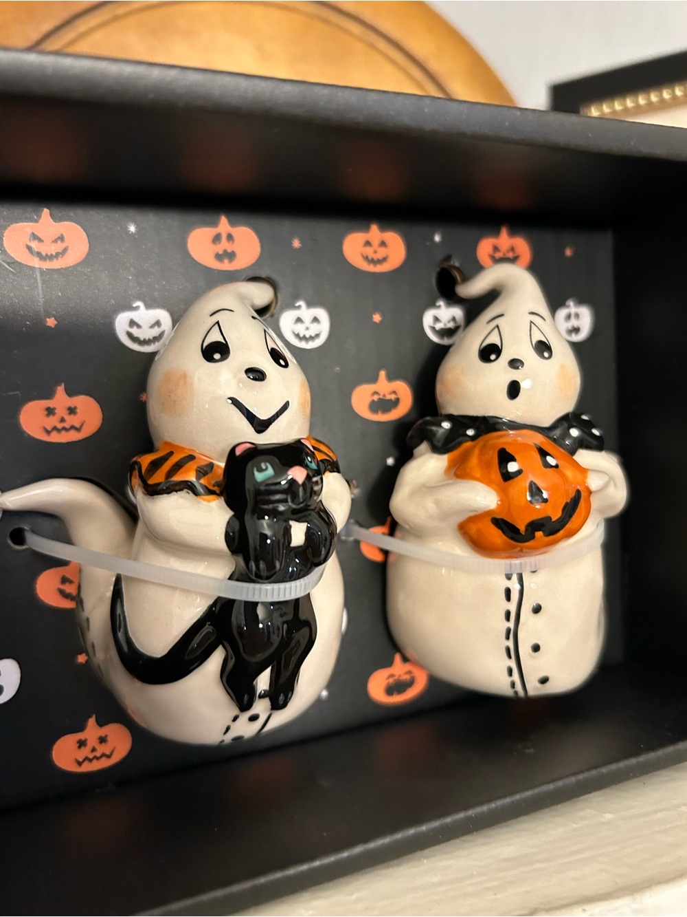 Blue Sky Ceramic Ghost Salt & Pepper Shakers with Pumpkin and Black Cat